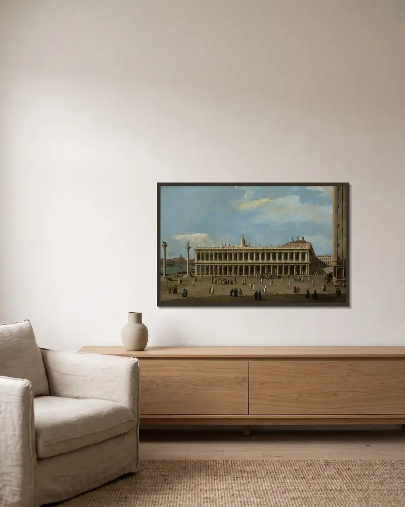 Venedig, Piazzettan, mot väster, med Libreria av Canaletto inramad på en vägg