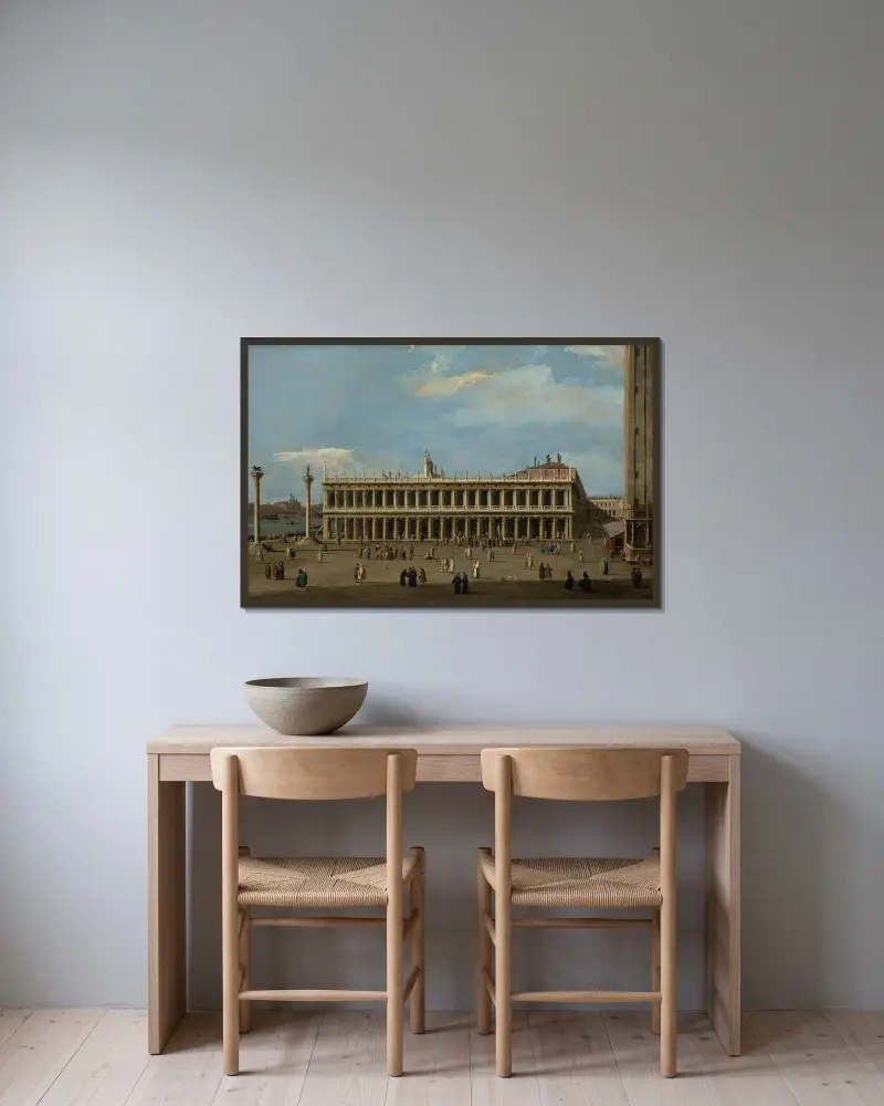 Venedig, Piazzettan, mot väster, med Libreria av Canaletto inramad på en vägg