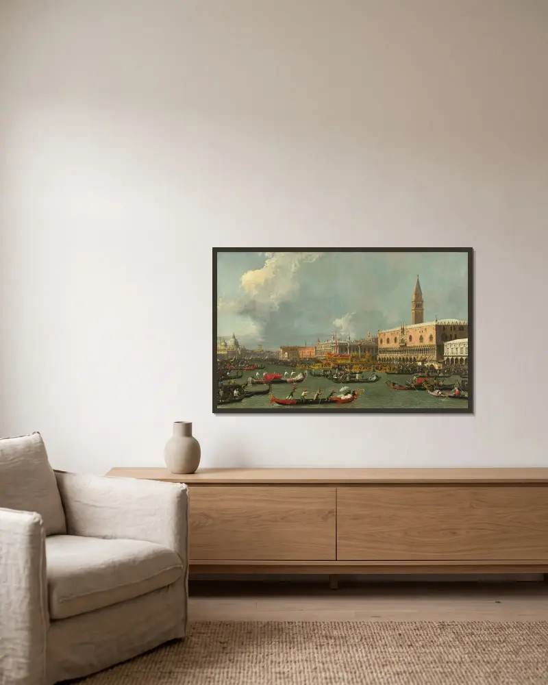 Venedig, Bucintoros återkomst på Kristi himmelsfärdsdag av Canaletto inramad på en vägg