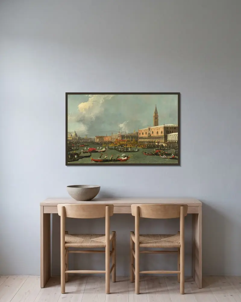 Venedig, Bucintoros återkomst på Kristi himmelsfärdsdag av Canaletto inramad på en vägg