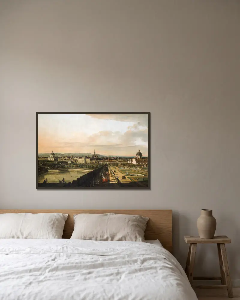 Wien sett från Belvederepalatset av Canaletto inramad på en vägg
