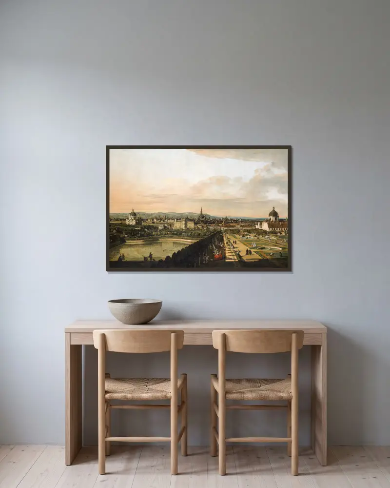 Wien sett från Belvederepalatset av Canaletto inramad på en vägg