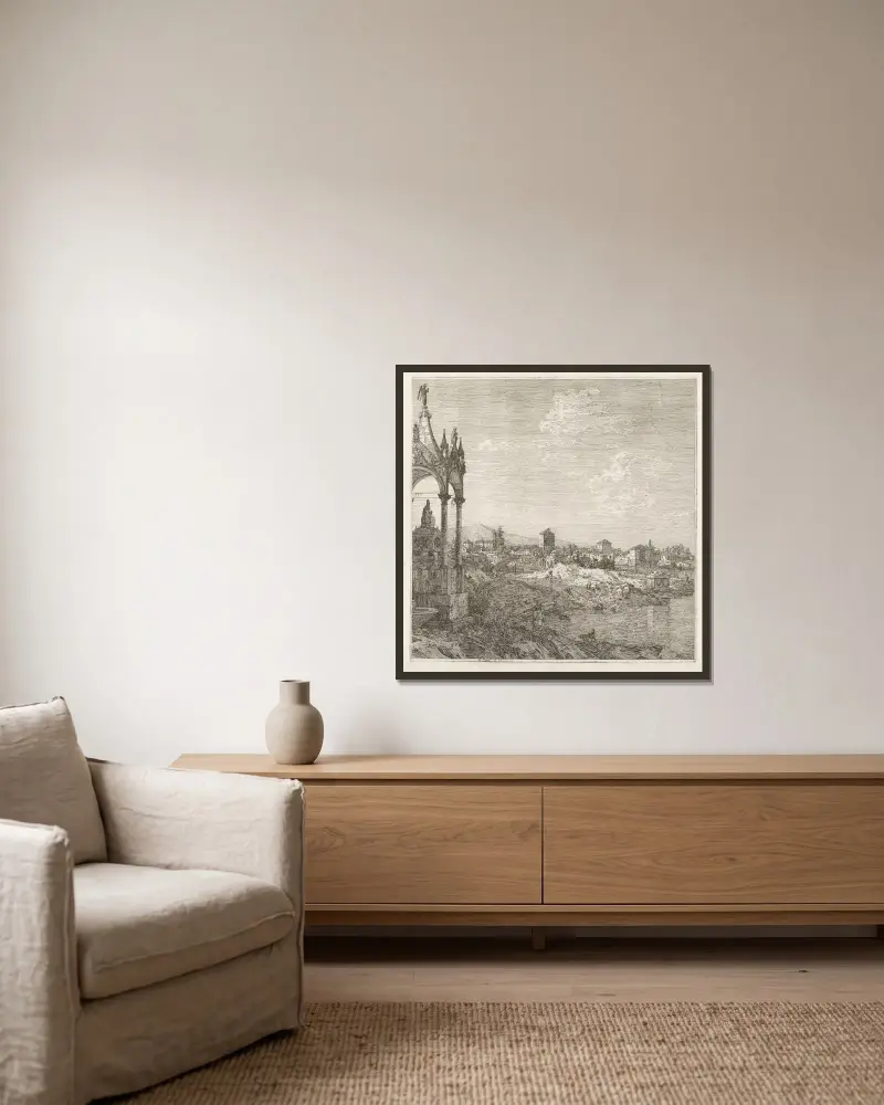 Vy över en stad med en biskopsgrav av Canaletto inramad på en vägg