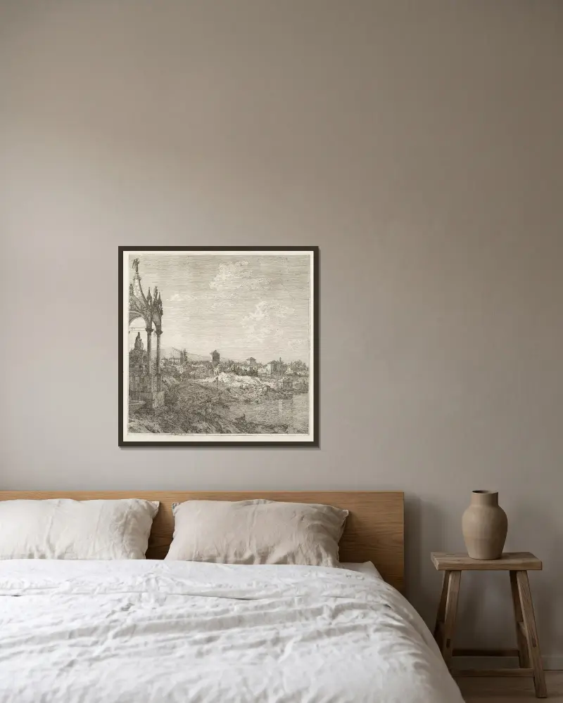 Vy över en stad med en biskopsgrav av Canaletto inramad på en vägg