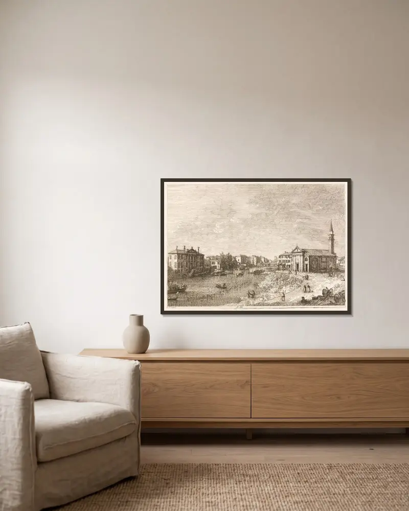 Vy över Dolo, en stad vid Brenta, väster om Venedig av Canaletto inramad på en vägg