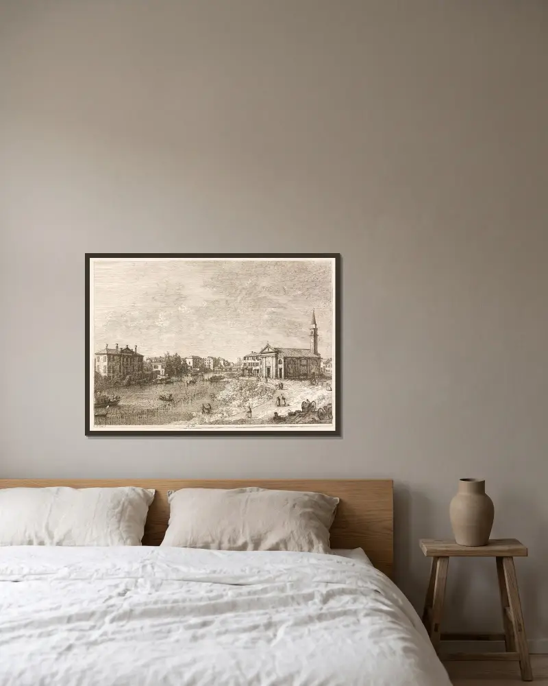 Vy över Dolo, en stad vid Brenta, väster om Venedig av Canaletto inramad på en vägg
