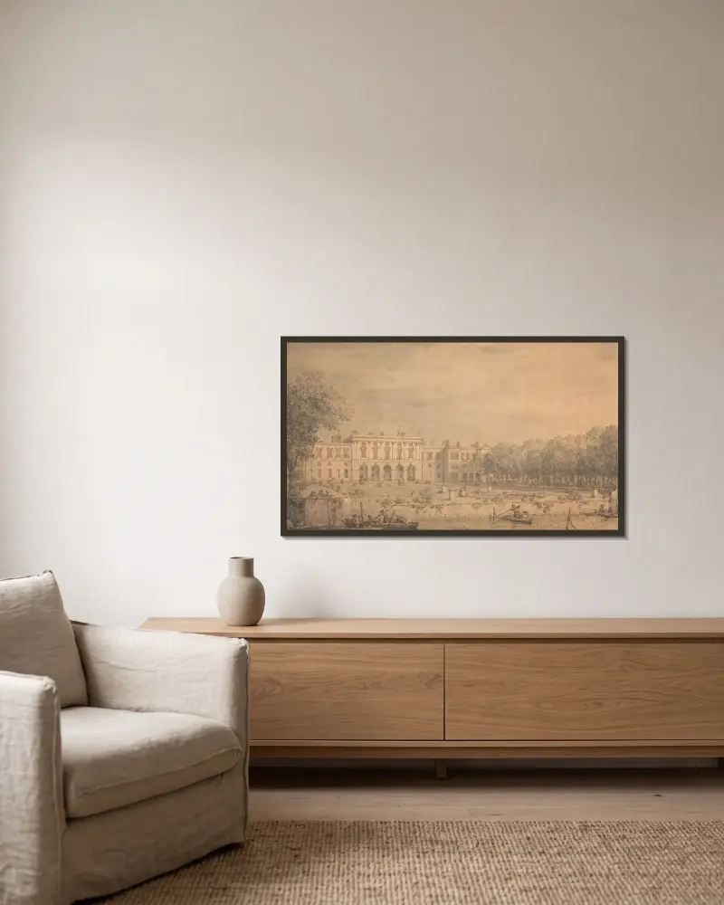 Vy över gamla Somerset House från Themsen av Canaletto inramad på en vägg