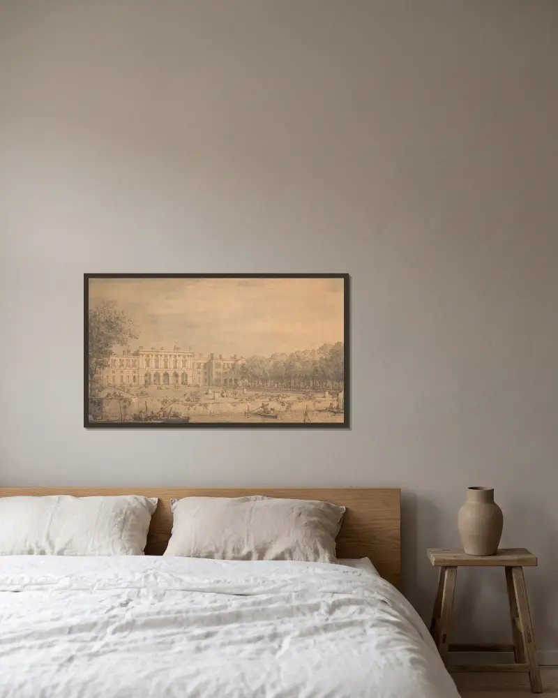 Vy över gamla Somerset House från Themsen av Canaletto inramad på en vägg