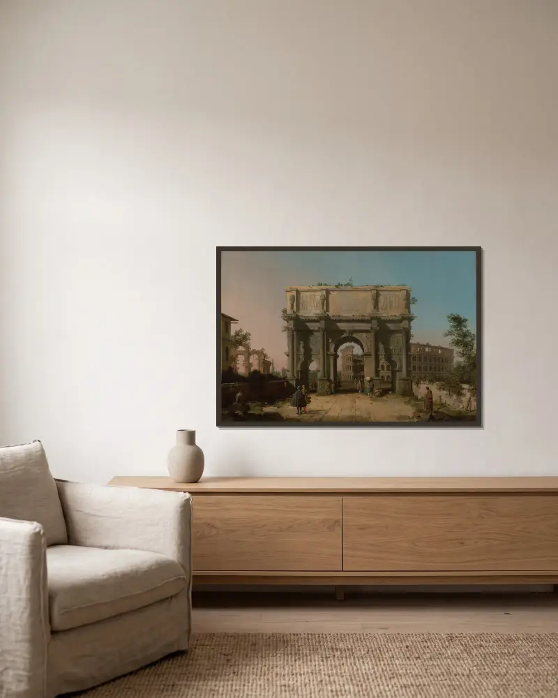 Vy över Konstantinbågen med Colosseum av Canaletto inramad på en vägg