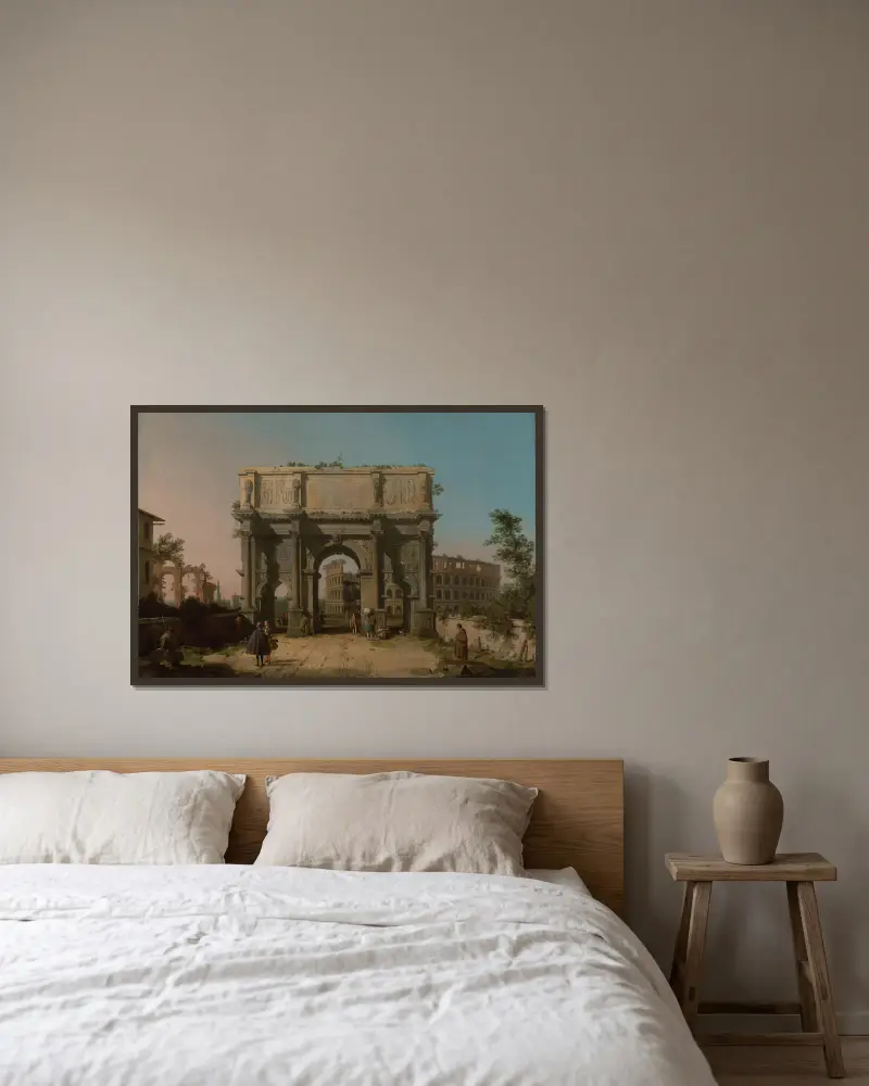 Vy över Konstantinbågen med Colosseum av Canaletto inramad på en vägg