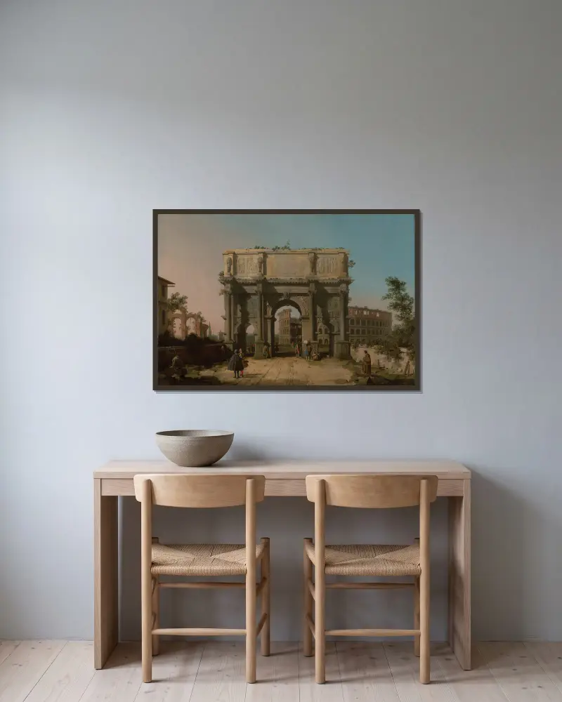 Vy över Konstantinbågen med Colosseum av Canaletto inramad på en vägg