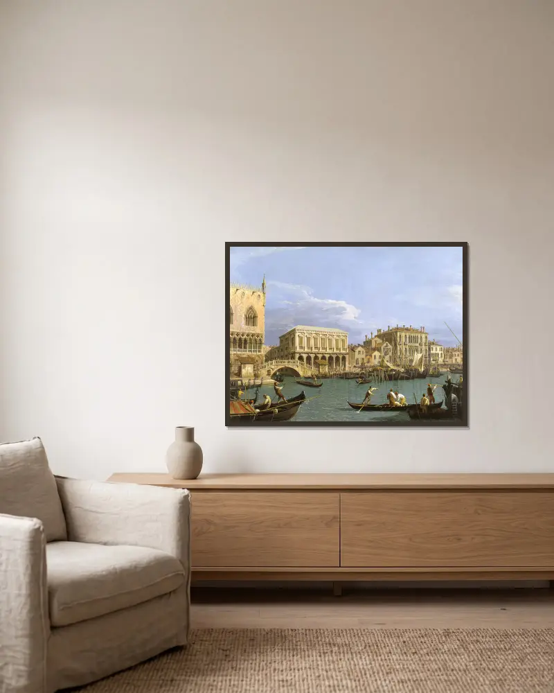 Vy över Riva degli Schiavoni, Venedig av Canaletto inramad på en vägg