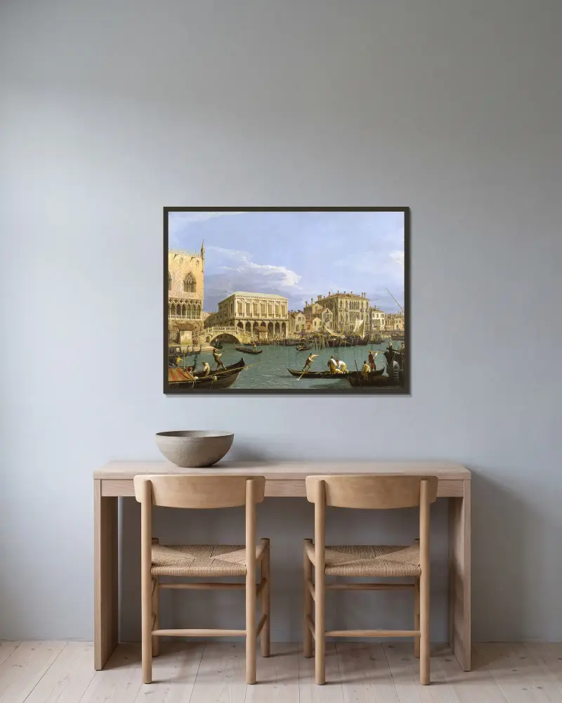 Vy över Riva degli Schiavoni, Venedig av Canaletto inramad på en vägg
