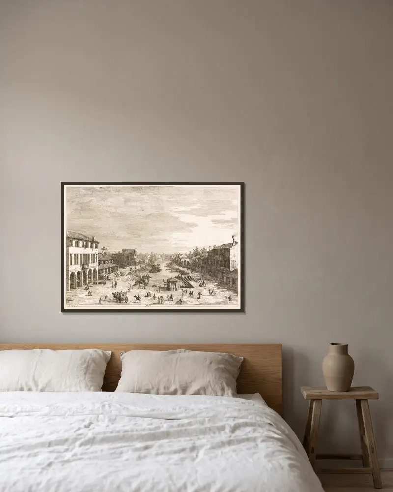 Vyer över Mestre, en stad i provinsen Venedig av Canaletto inramad på en vägg