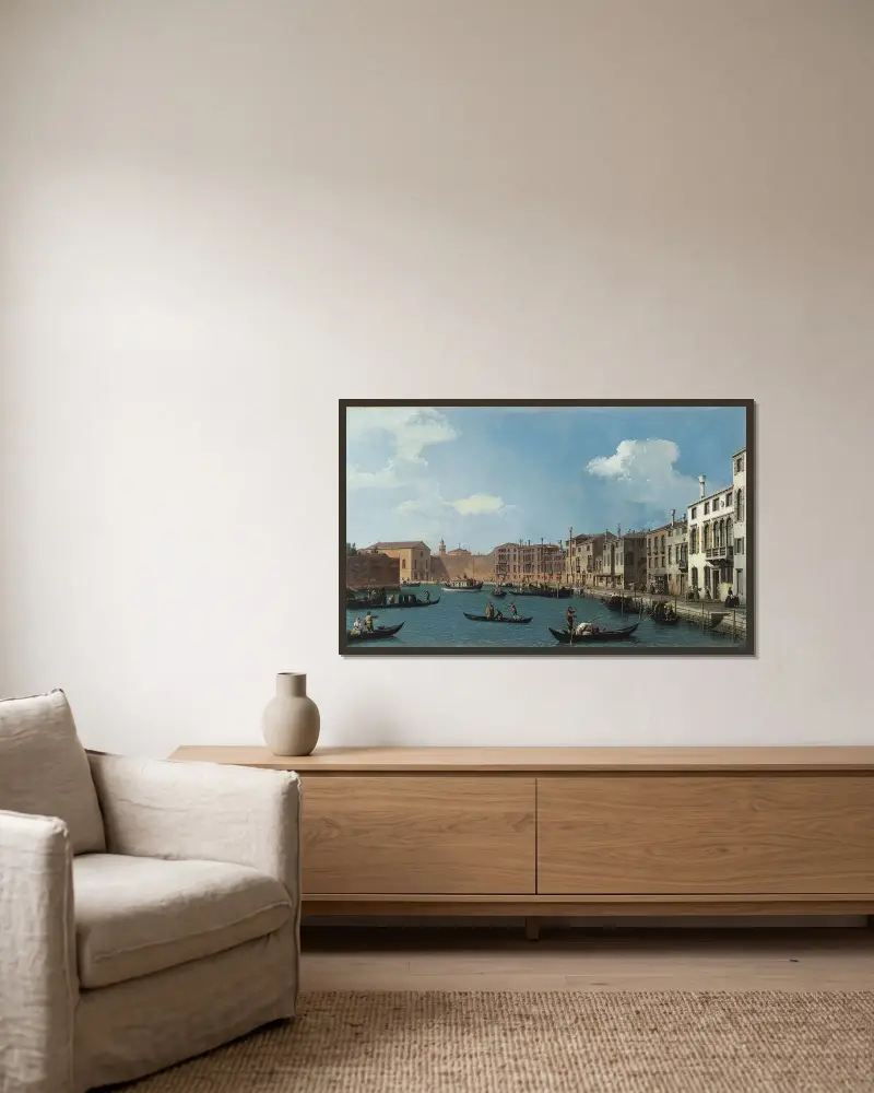 Vy över kanalen Santa Chiara i Venedig av Canaletto inramad på en vägg