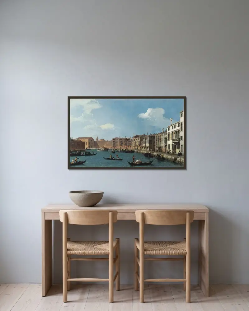 Vy över kanalen Santa Chiara i Venedig av Canaletto inramad på en vägg