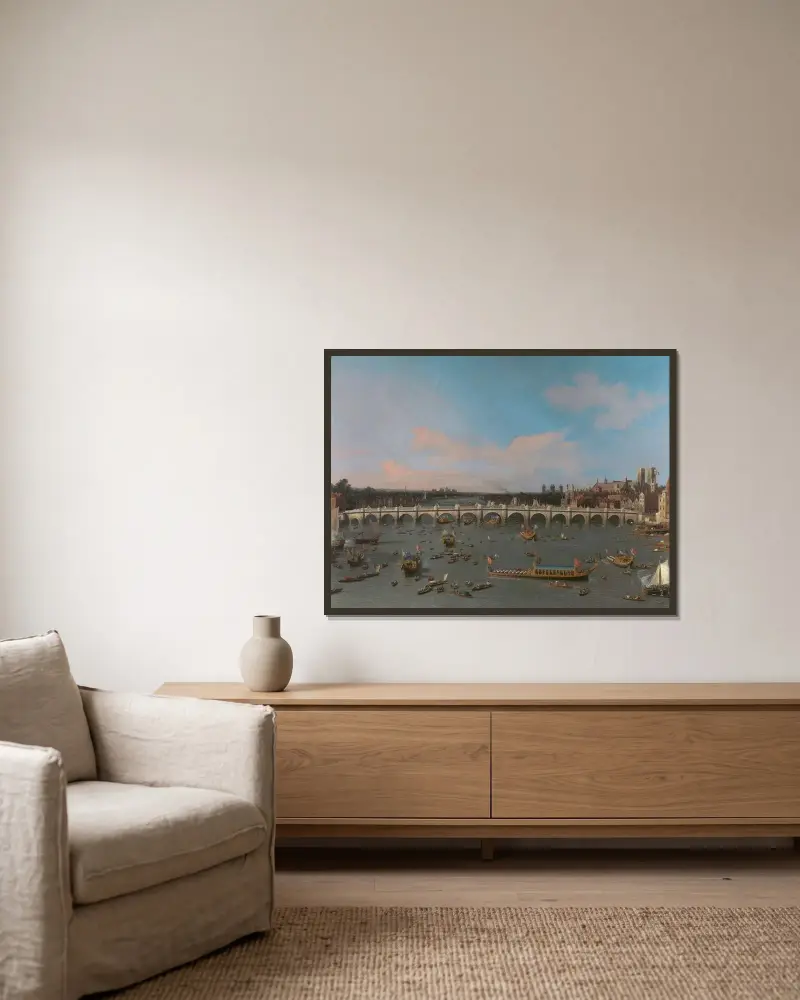 Westminsterbron, med lordmayorns procession på Themsen av Canaletto inramad på en vägg