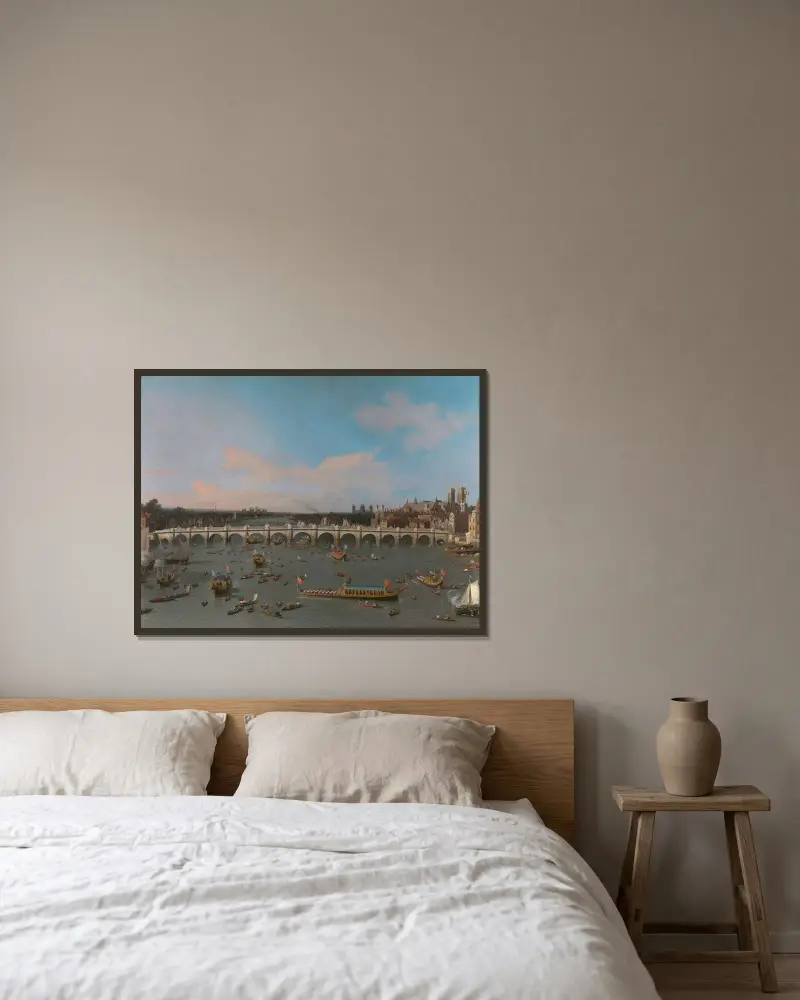 Westminsterbron, med lordmayorns procession på Themsen av Canaletto inramad på en vägg