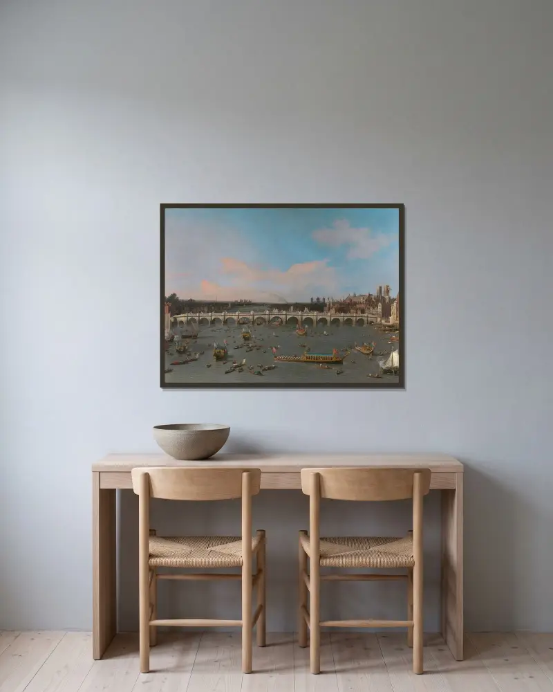 Westminsterbron, med lordmayorns procession på Themsen av Canaletto inramad på en vägg
