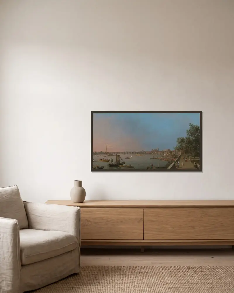 Westminster från nära terrassen vid Somerset House av Canaletto inramad på en vägg