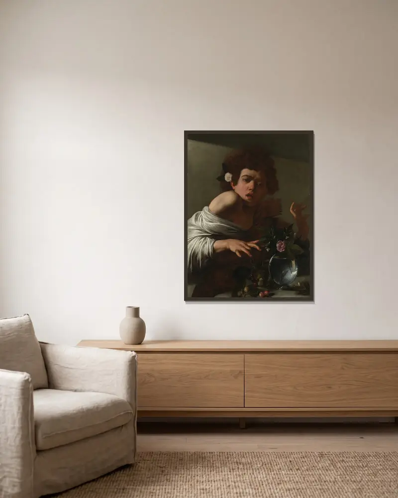 Junge von einer Eidechse gebissen von Caravaggio gerahmt an einer Wand