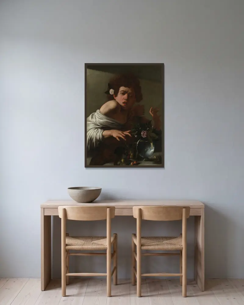 Junge von einer Eidechse gebissen von Caravaggio gerahmt an einer Wand