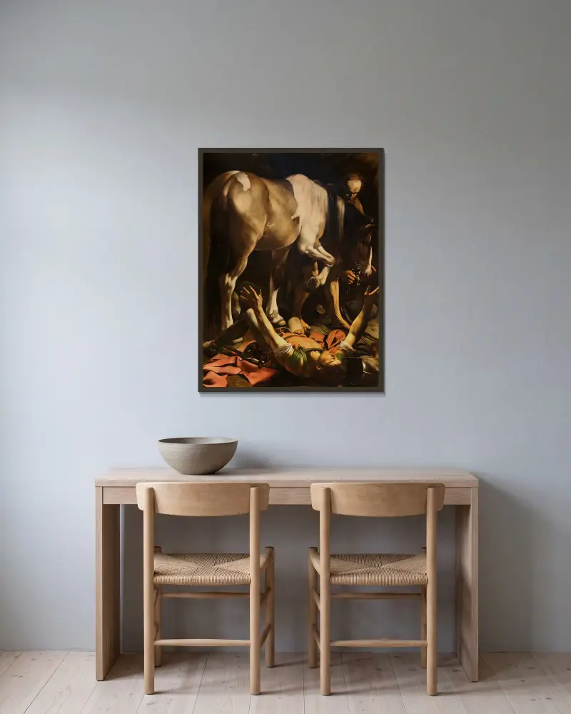 Conversion of Saint Paul av Caravaggio inramad på en vägg