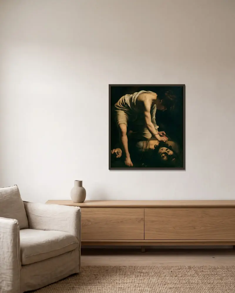 David und Goliath von Caravaggio gerahmt an einer Wand