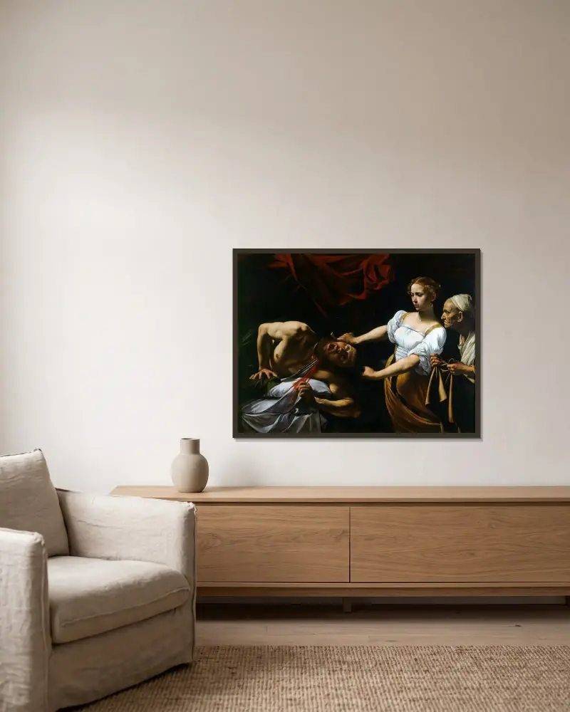 Judith beheading Holofernes, 1599 av Caravaggio inramad på en vägg