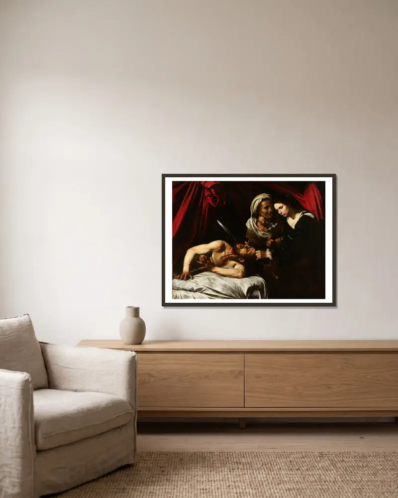 Judith Beheading Holofernes, 1598 av Caravaggio inramad på en vägg