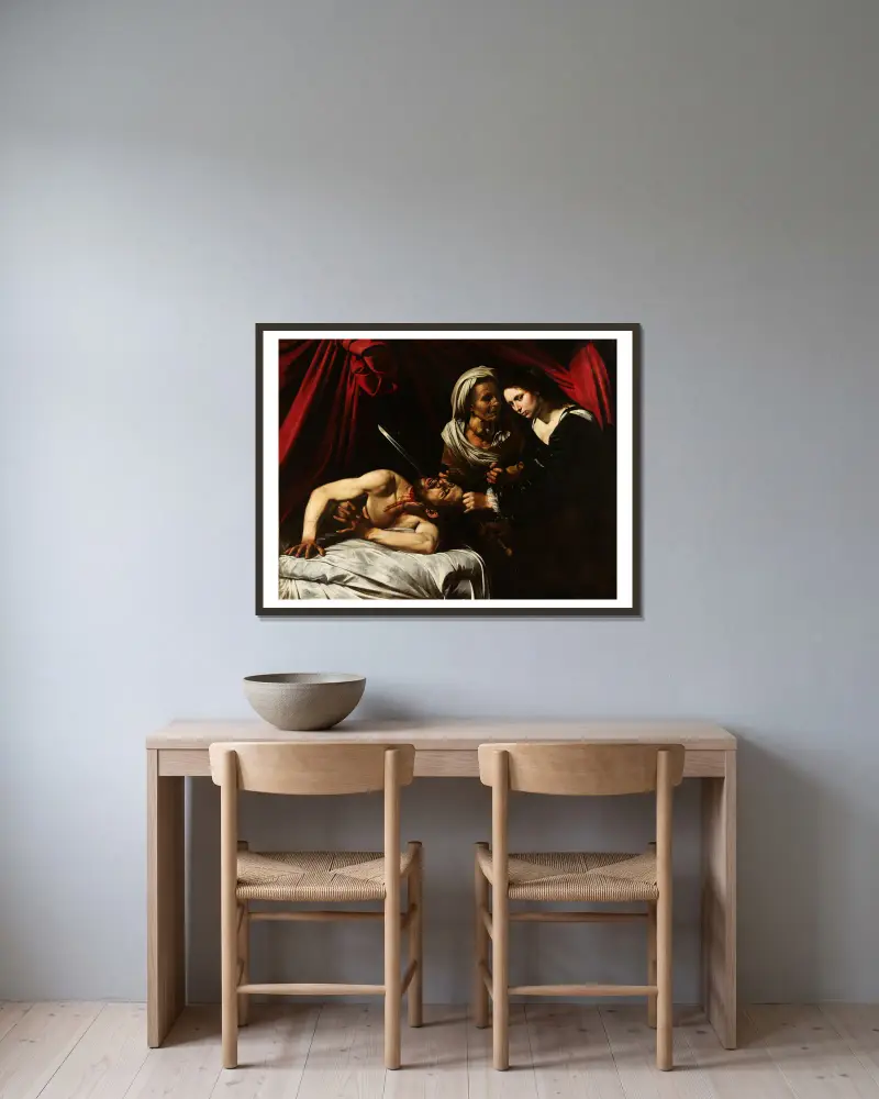 Judith Beheading Holofernes, 1598 av Caravaggio inramad på en vägg