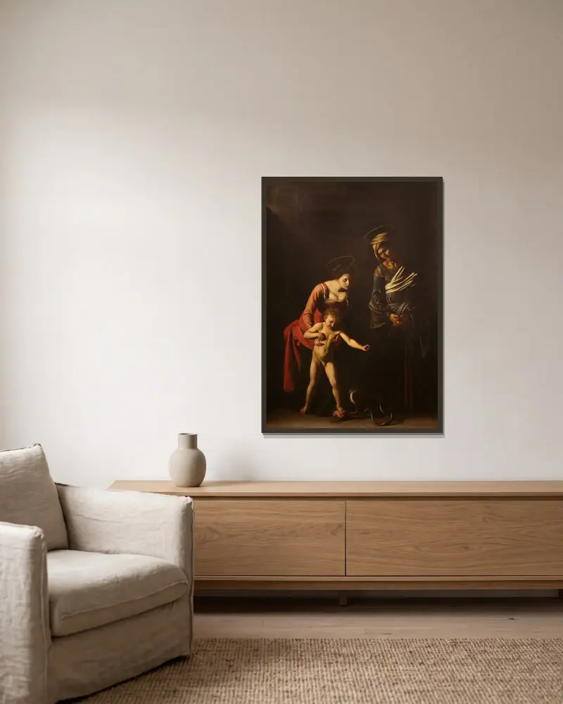 Madonnan och barnet med den heliga Anna av Caravaggio inramad på en vägg