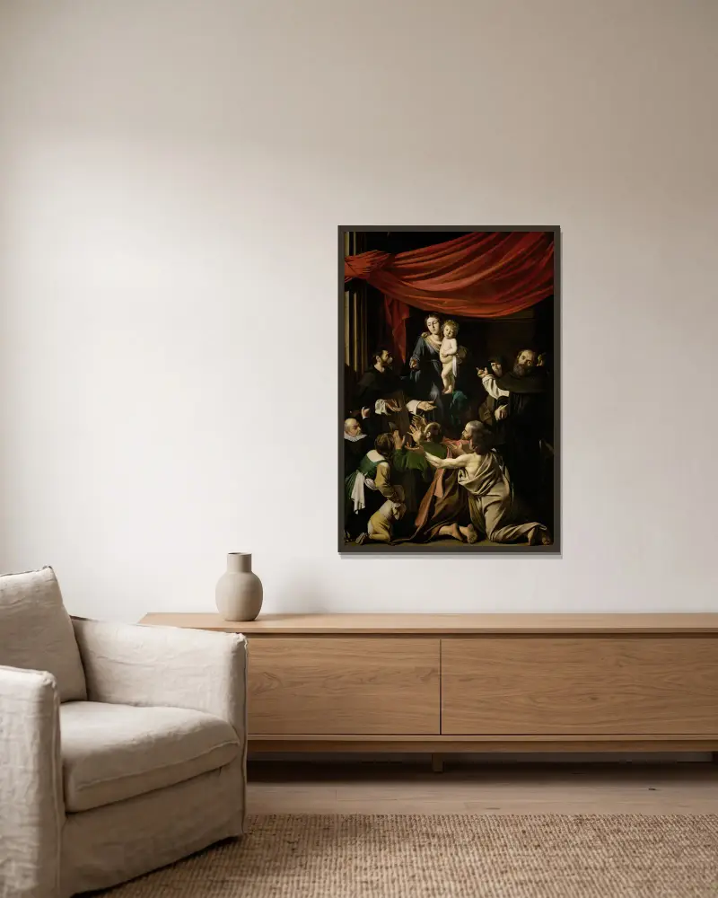 Rosenkranzmadonna von Caravaggio gerahmt an einer Wand