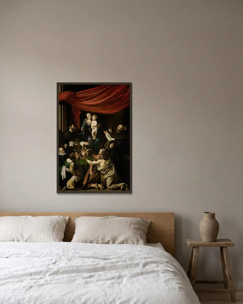 Rosenkranzmadonna von Caravaggio gerahmt an einer Wand