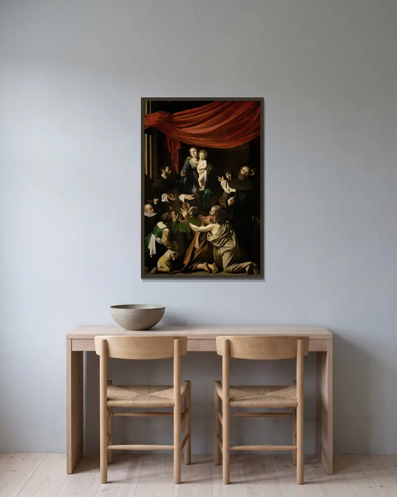 Rosenkranzmadonna von Caravaggio gerahmt an einer Wand
