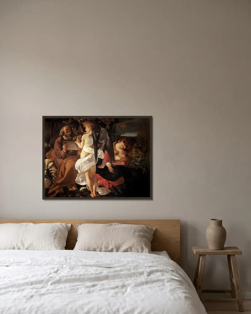 Rest on the Flight into Egypt av Caravaggio inramad på en vägg