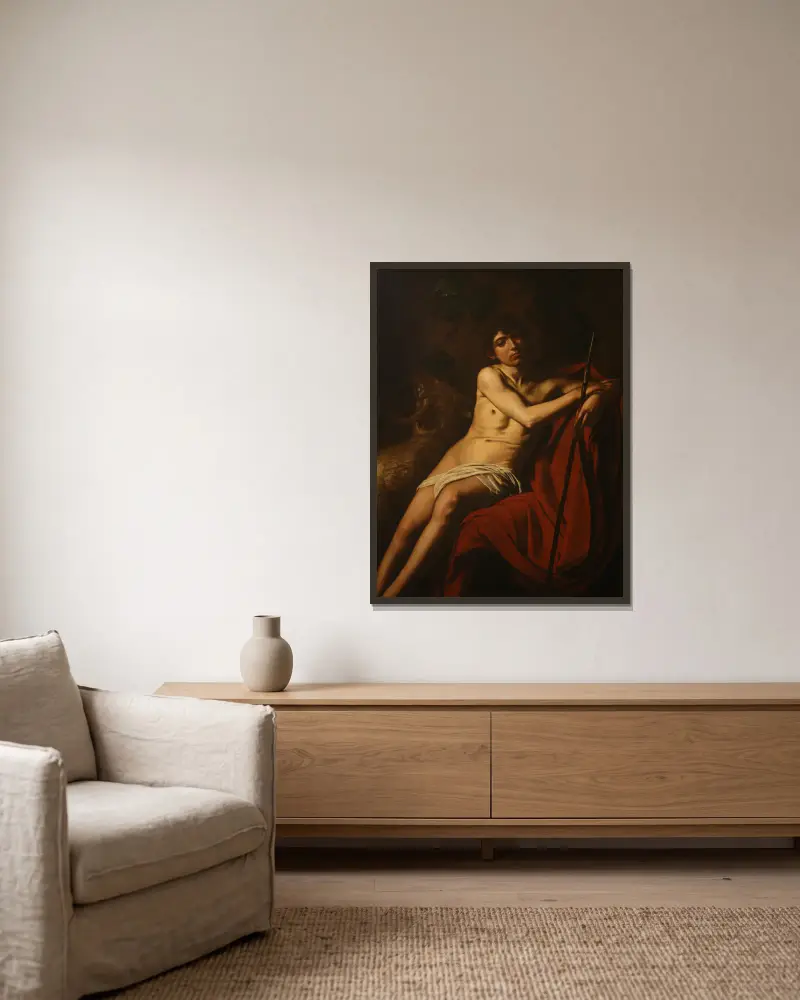 Saint John the Baptist, 1609 av Caravaggio inramad på en vägg
