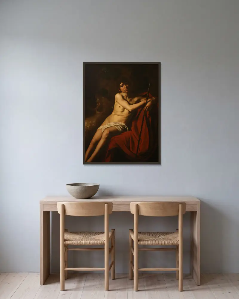 Saint John the Baptist, 1609 av Caravaggio inramad på en vägg