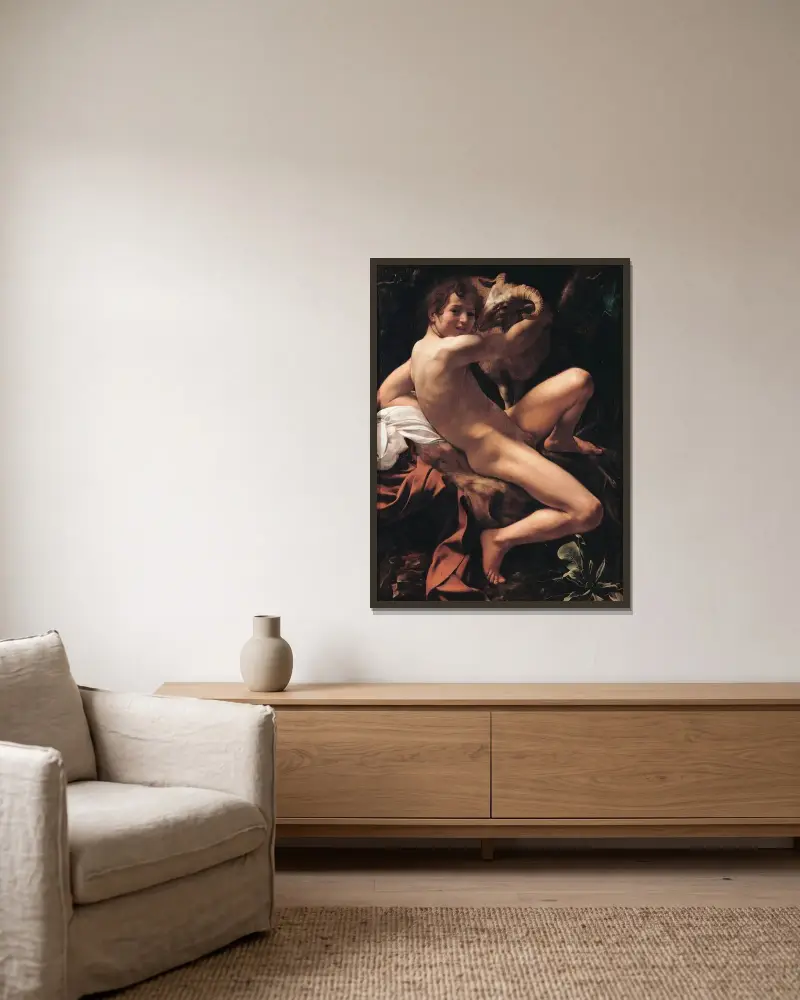 Saint John the Baptist, 1602 av Caravaggio inramad på en vägg