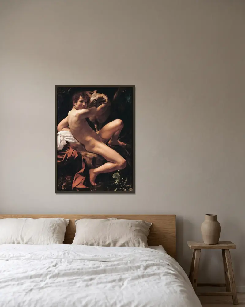 Saint John the Baptist, 1602 av Caravaggio inramad på en vägg