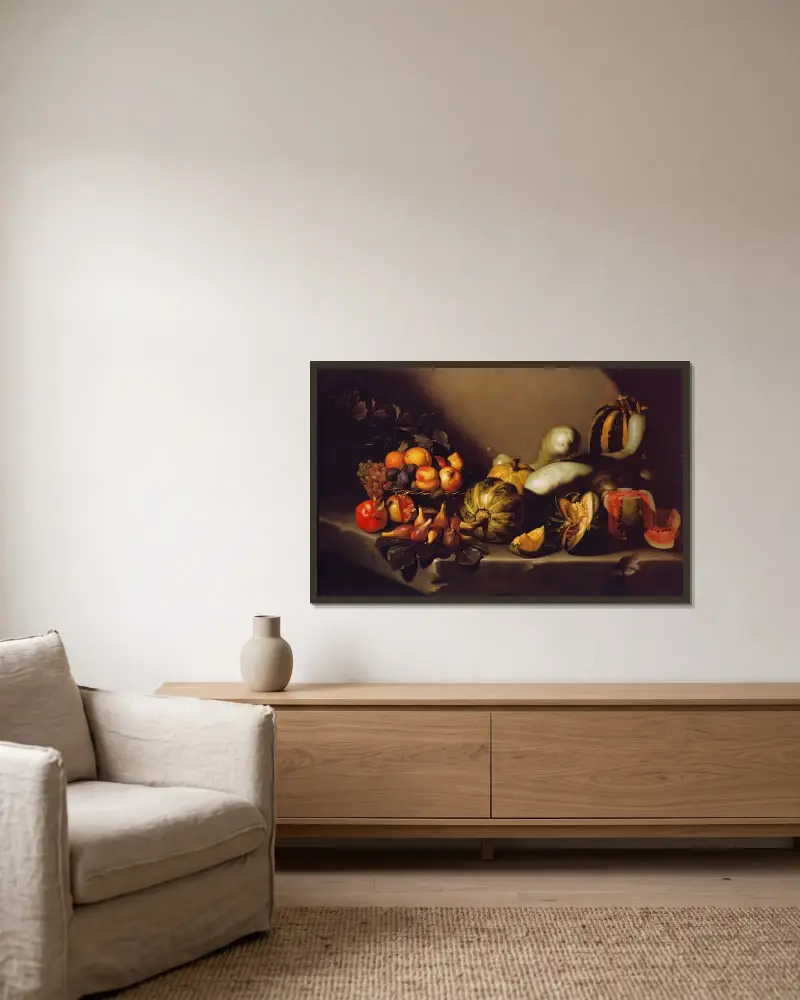 Still Life with Fruit av Caravaggio inramad på en vägg