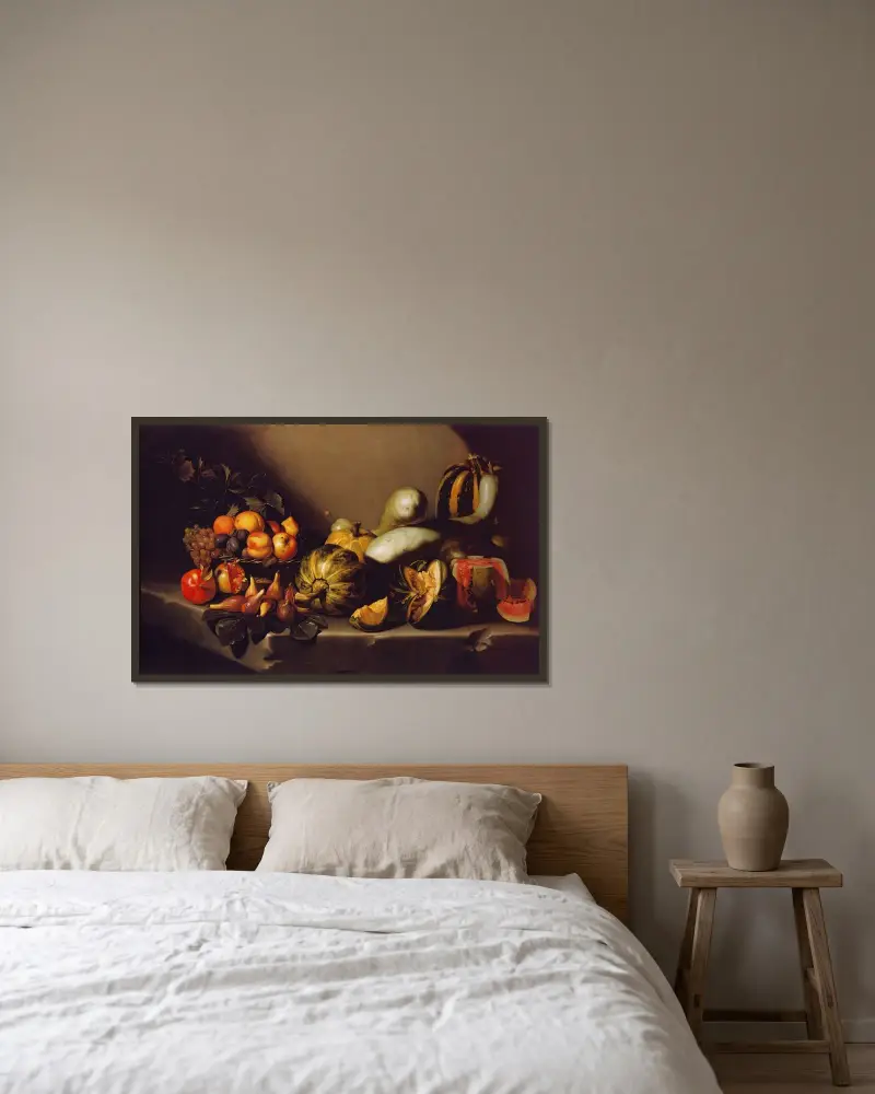 Still Life with Fruit av Caravaggio inramad på en vägg