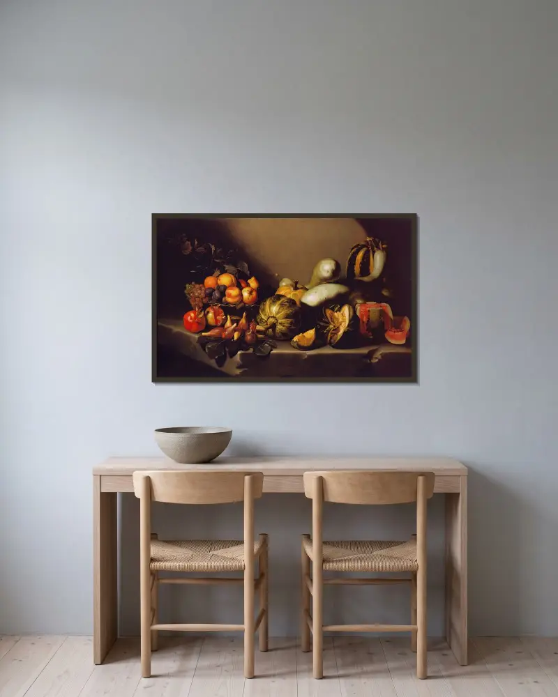Still Life with Fruit av Caravaggio inramad på en vägg