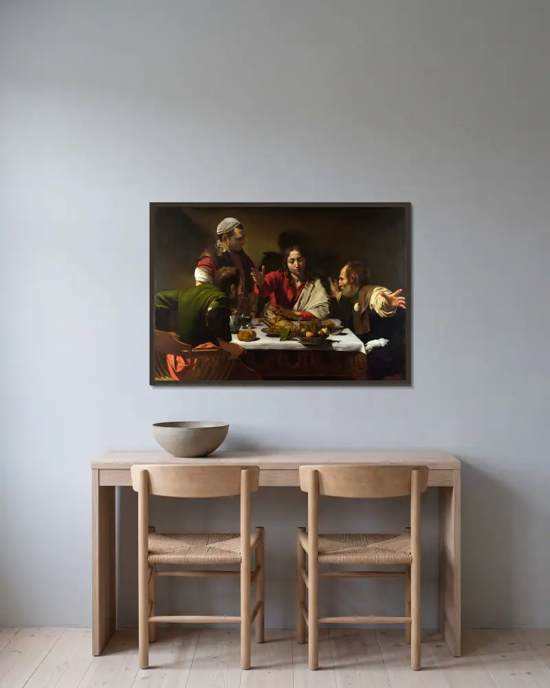 Supper at Emmaus av Caravaggio inramad på en vägg