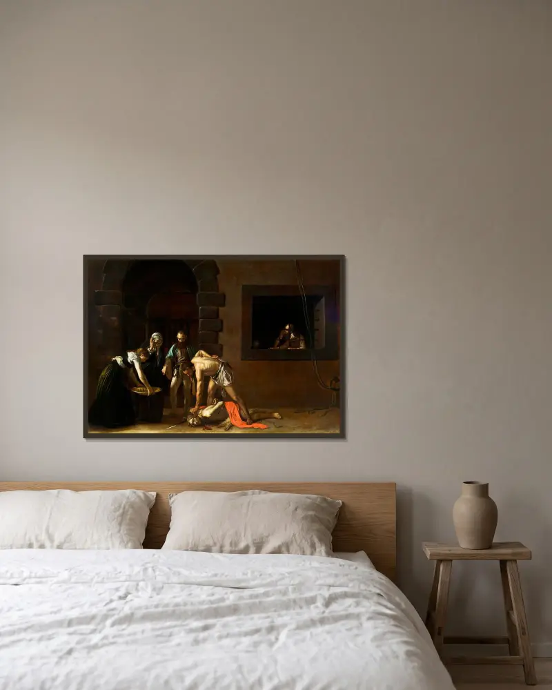 Johannes Döparens halshuggning av Caravaggio inramad på en vägg