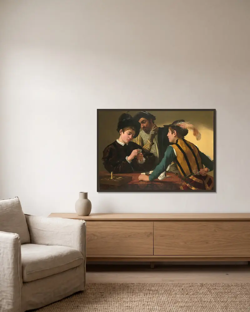 The Cardsharps av Caravaggio inramad på en vägg
