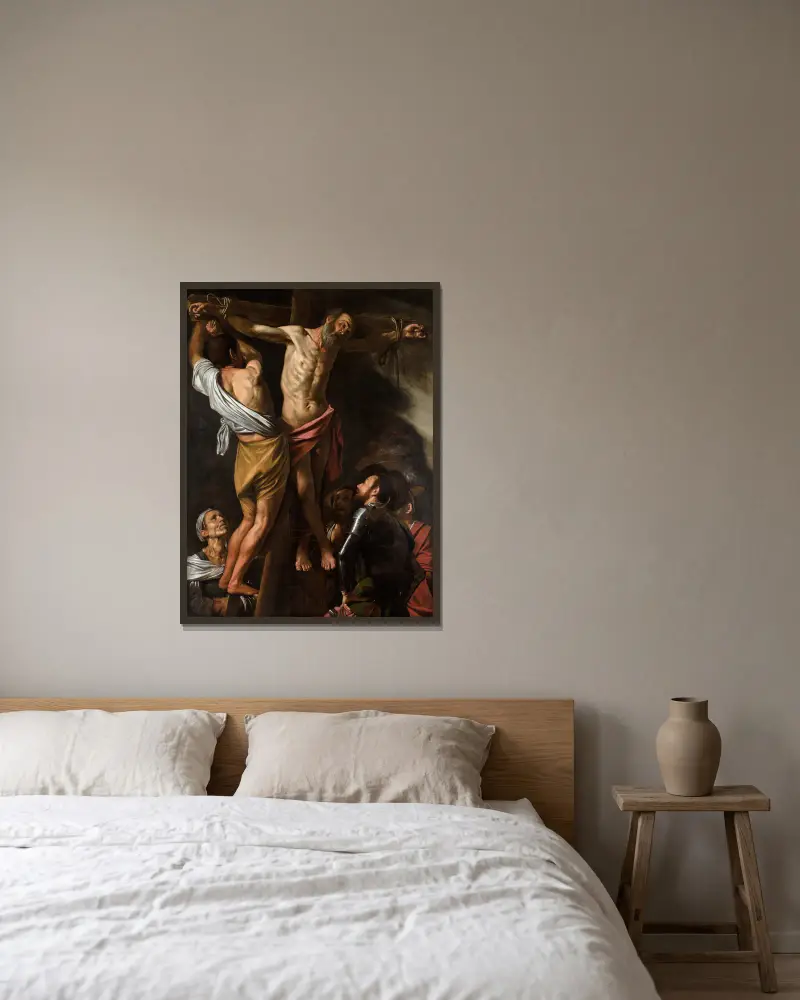 Den helige Andreas korsfästelse av Caravaggio inramad på en vägg
