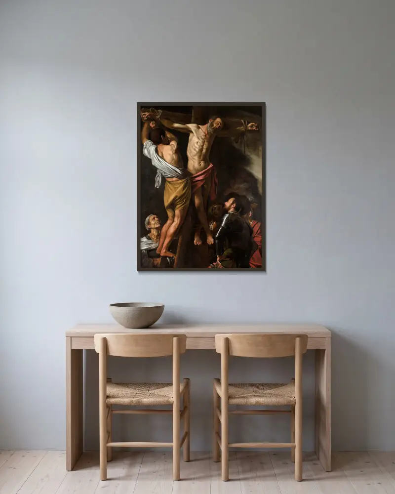 Den helige Andreas korsfästelse av Caravaggio inramad på en vägg