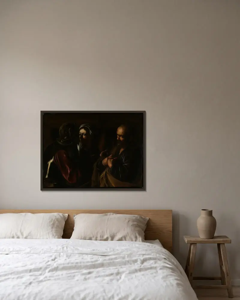 Die Verleugnung des Petrus von Caravaggio gerahmt an einer Wand