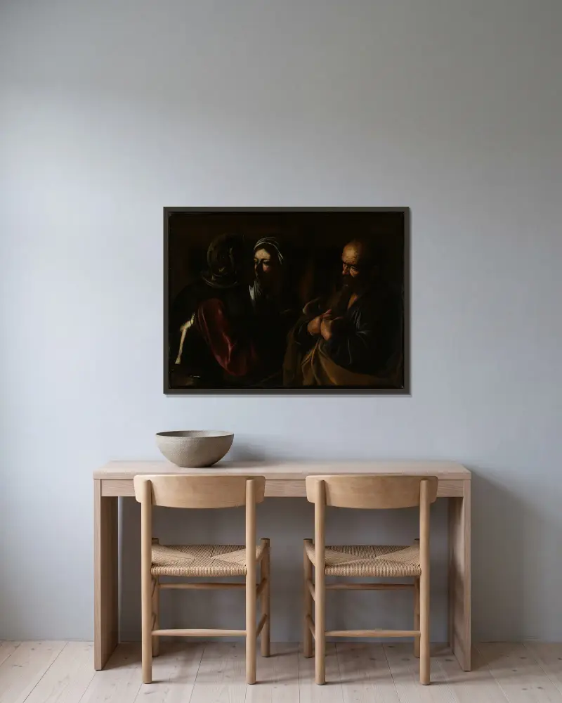 Die Verleugnung des Petrus von Caravaggio gerahmt an einer Wand